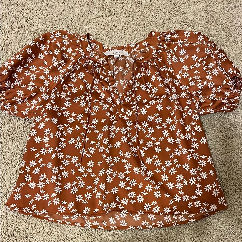 Red V-neck Puff Sleeve Blouse with Ruffled Tie Front